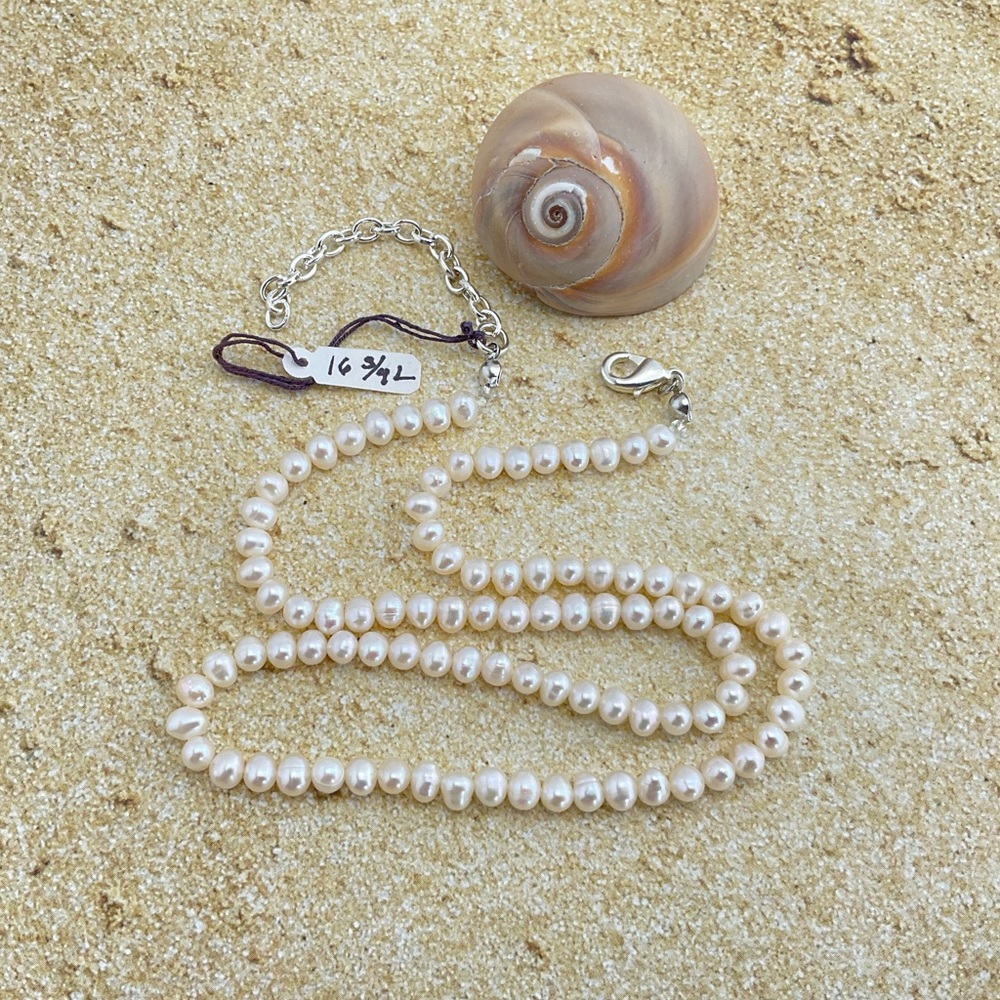 White Pearl Necklace, Oval Fresh Water Pearls, 16 3/4” Long, June Birthstone - Picture 5 of 11